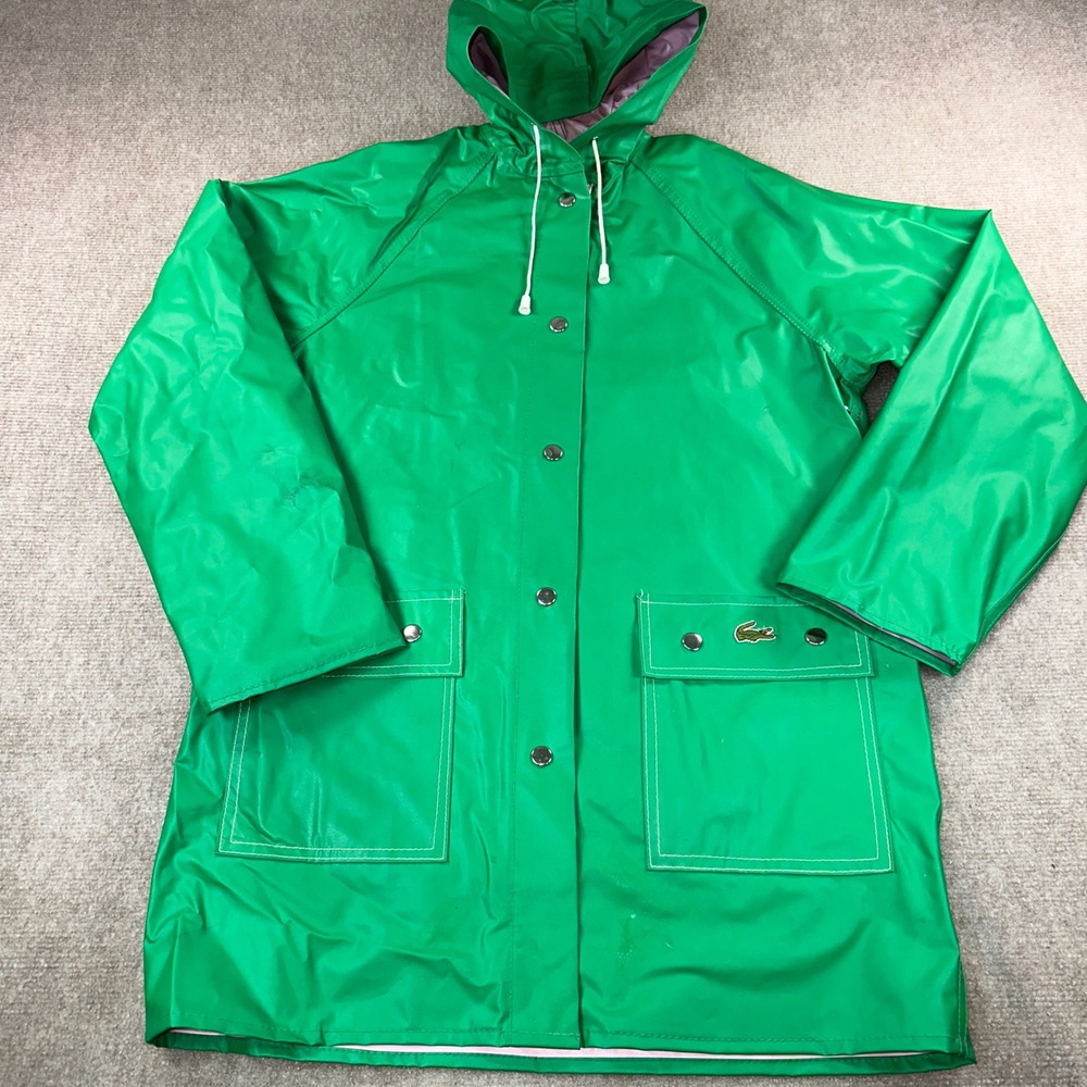 Vintage Lacoste Green PVC Hooded Raincoat Pink Lining Waterproof Slicker Medium